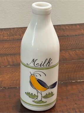 Vintage White Glass opaque 10” MILK bottle hand painted bird vintage Egizia